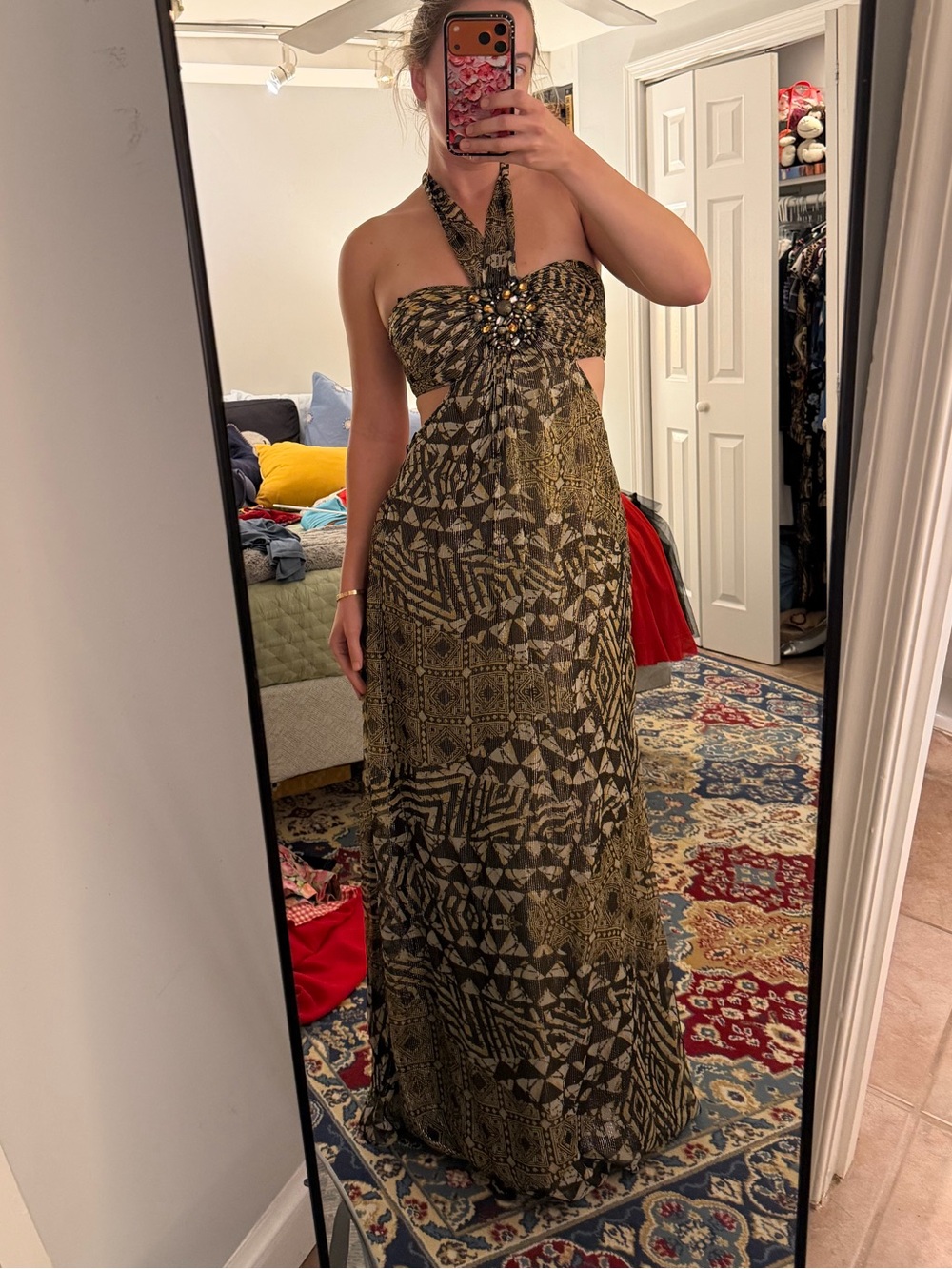 BCBGMaxAzria Olive and Black Halter Maxi Dress with Embellished Bodice